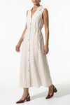 Women's Linen Blend Collared Sleeveless Midi Dress Button Front Tie Waist