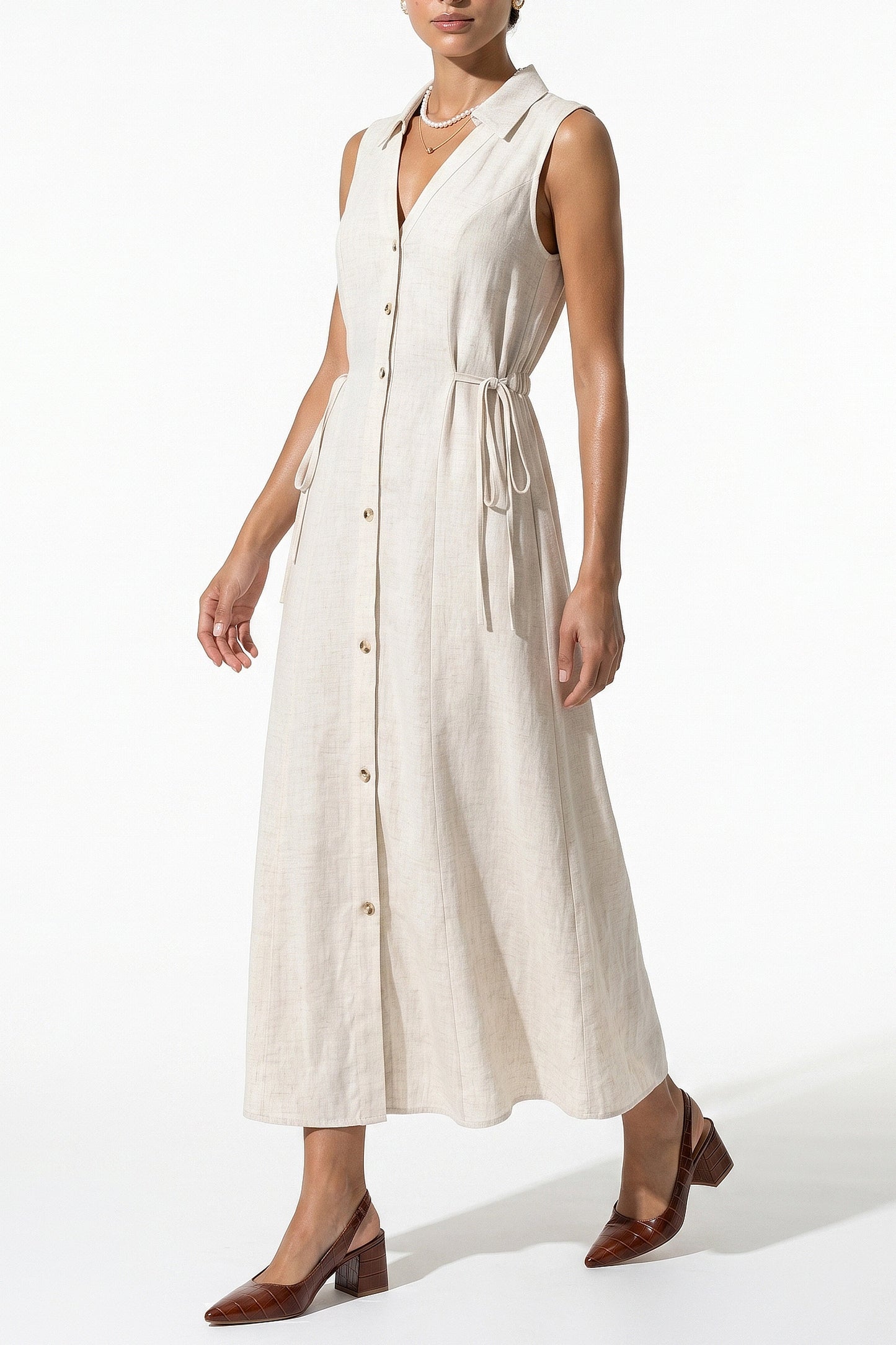 Women's Linen Blend Collared Sleeveless Midi Dress Button Front Tie Waist