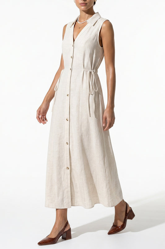Women's Linen Blend Collared Sleeveless Midi Dress Button Front Tie Waist