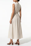 Women's Linen Blend Collared Sleeveless Midi Dress Button Front Tie Waist