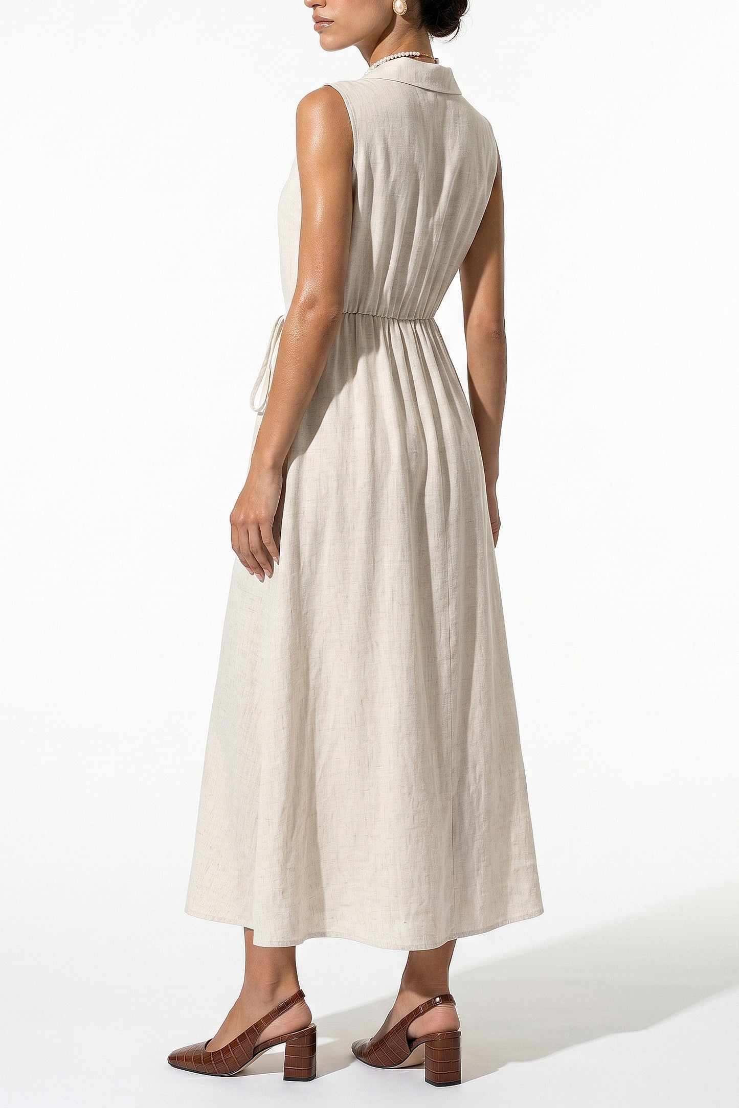 Women's Linen Blend Collared Sleeveless Midi Dress Button Front Tie Waist