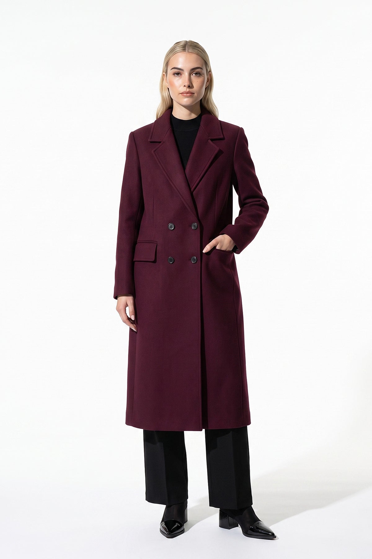Women’s Winter Warm Long Coat with Double Breasted Front and Notched Lapel