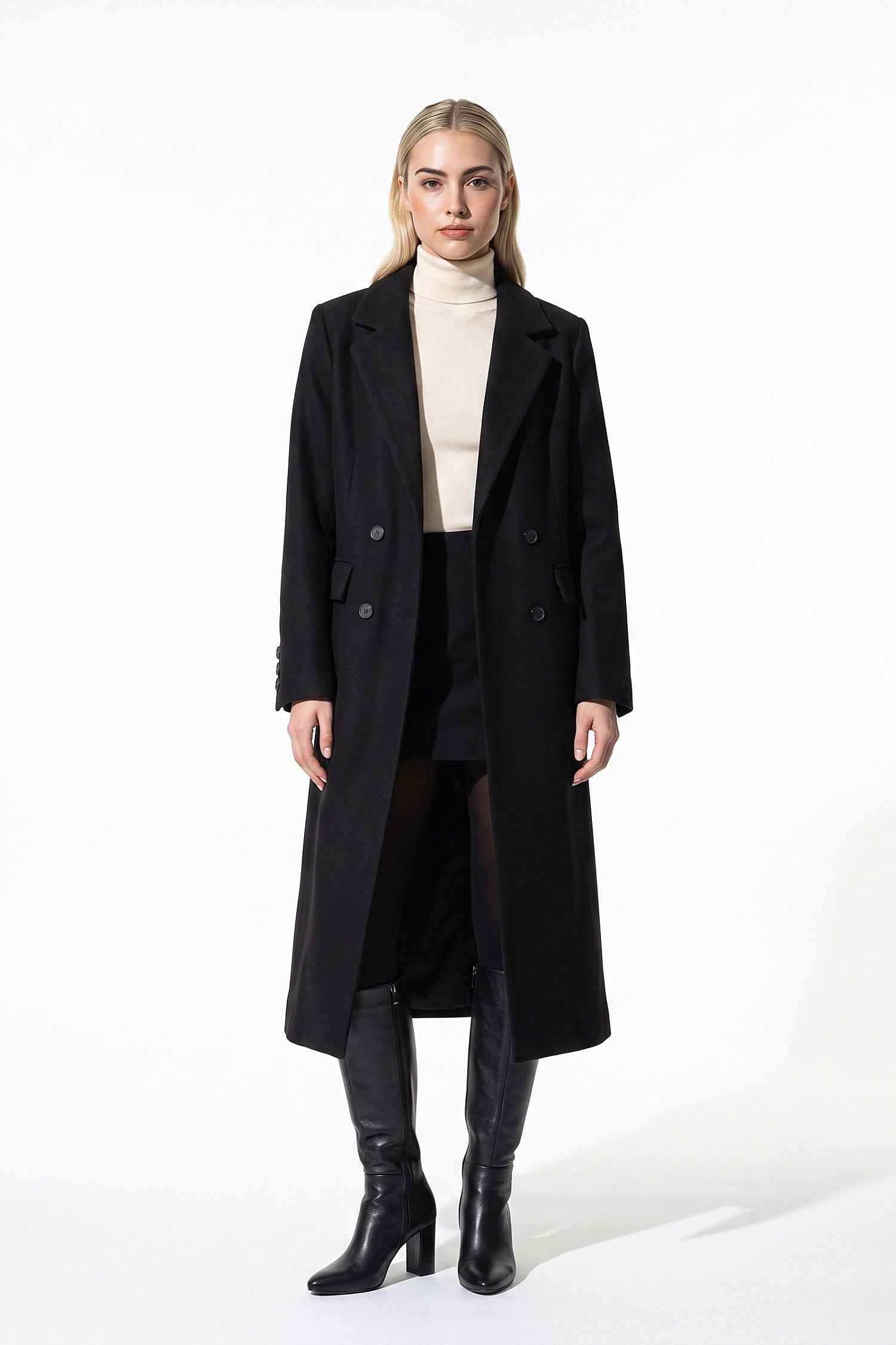 Women’s Winter Warm Long Coat with Double Breasted Front and Notched Lapel