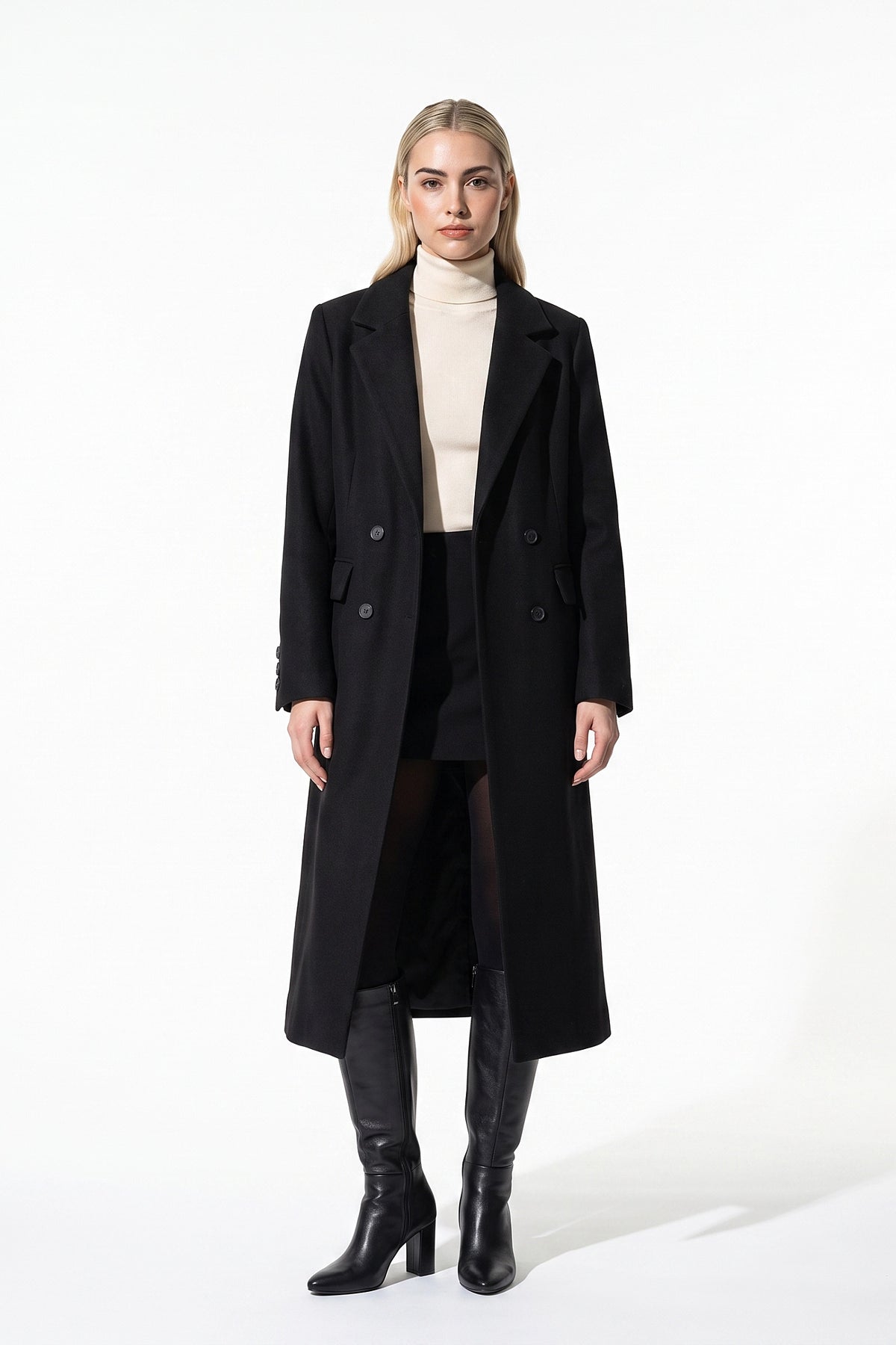 Women’s Winter Warm Long Coat with Double Breasted Front and Notched Lapel