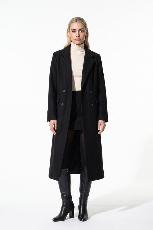 Women’s Winter Warm Long Coat with Double Breasted Front and Notched Lapel