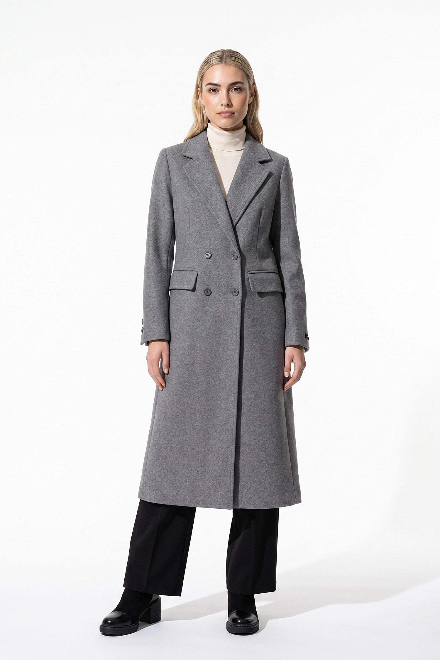 Women’s Winter Warm Long Coat with Double Breasted Front and Notched Lapel
