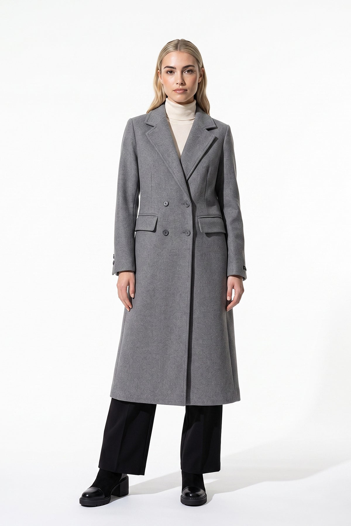 Women’s Winter Warm Long Coat with Double Breasted Front and Notched Lapel