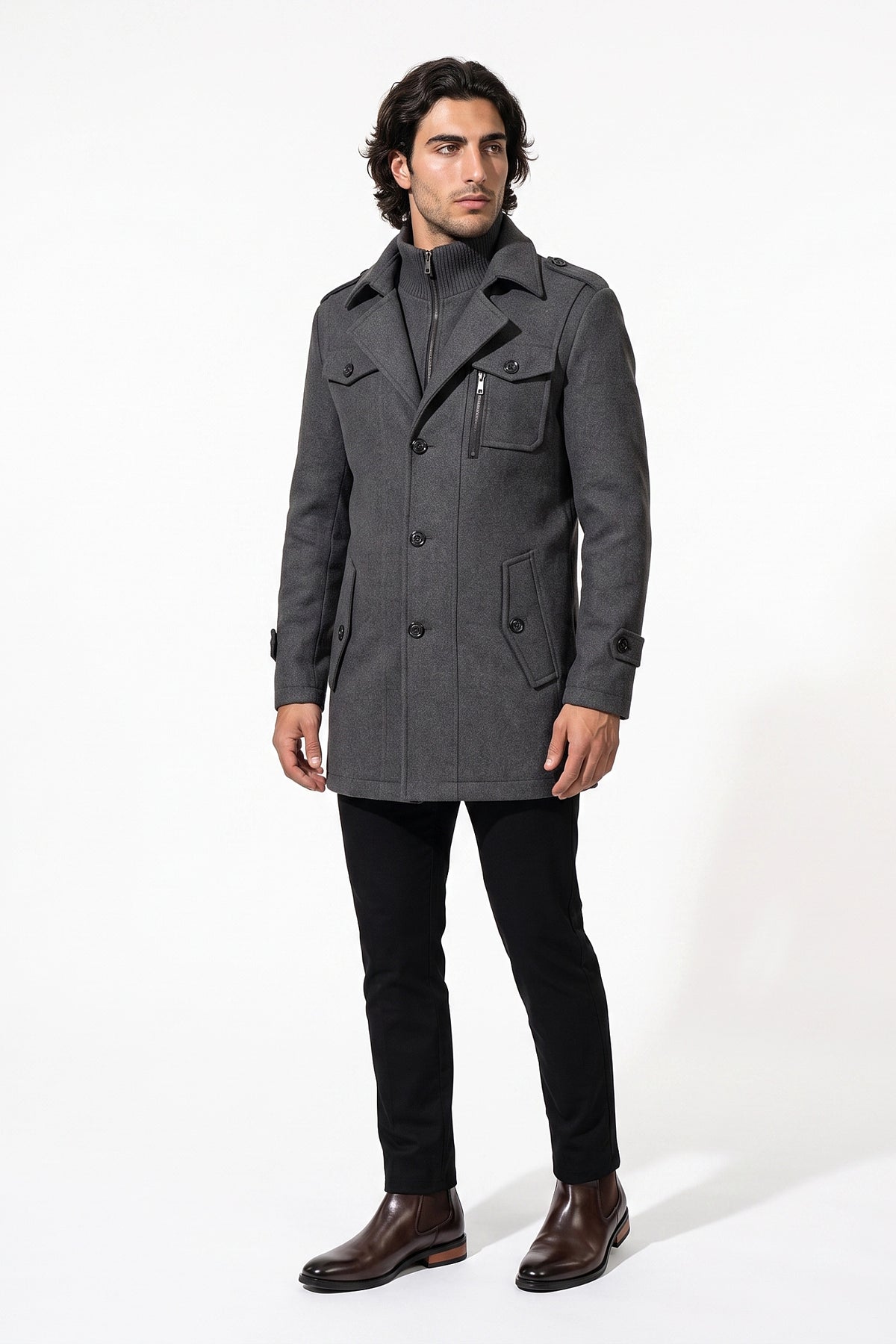 Men’s Winter Warm Mid Length Wool Coat with Layered Zip Front and Stand Collar
