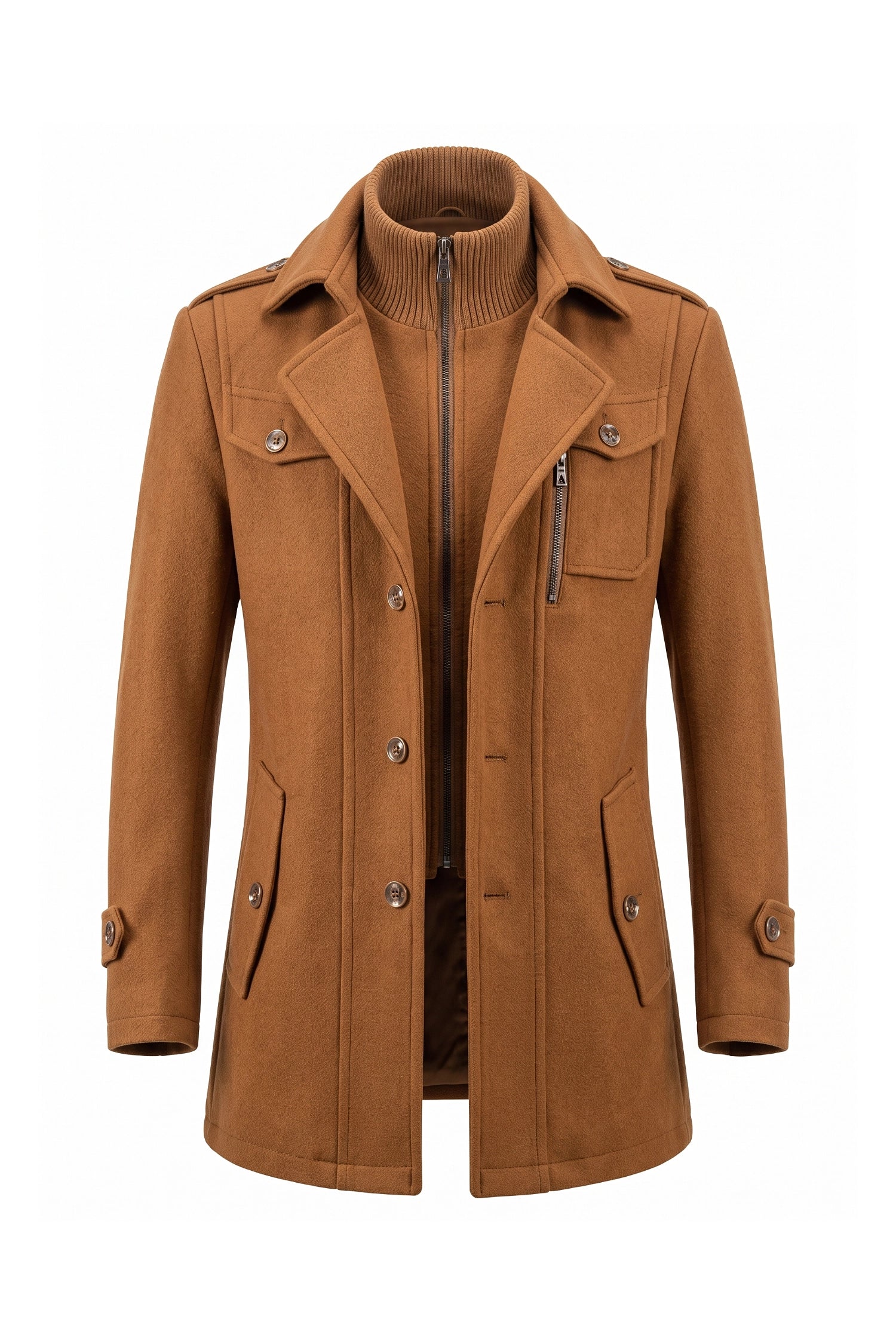 Men’s Winter Warm Mid Length Wool Coat with Layered Zip Front and Stand Collar
