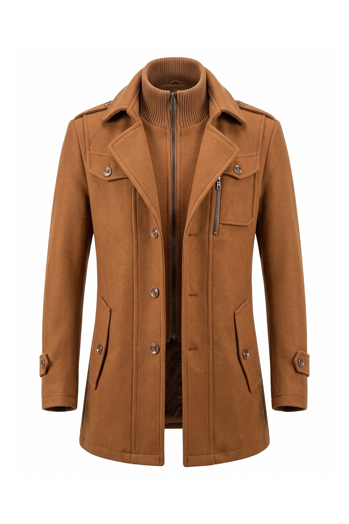 Men’s Winter Warm Mid Length Wool Coat with Layered Zip Front and Stand Collar