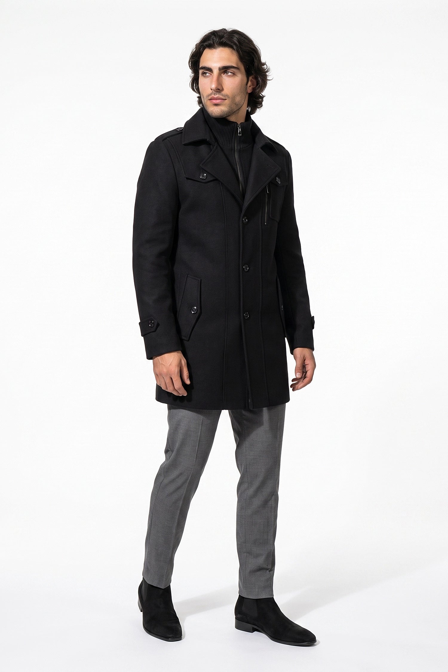 Men’s Winter Warm Mid Length Wool Coat with Layered Zip Front and Stand Collar