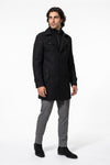 Men’s Winter Warm Mid Length Wool Coat with Layered Zip Front and Stand Collar