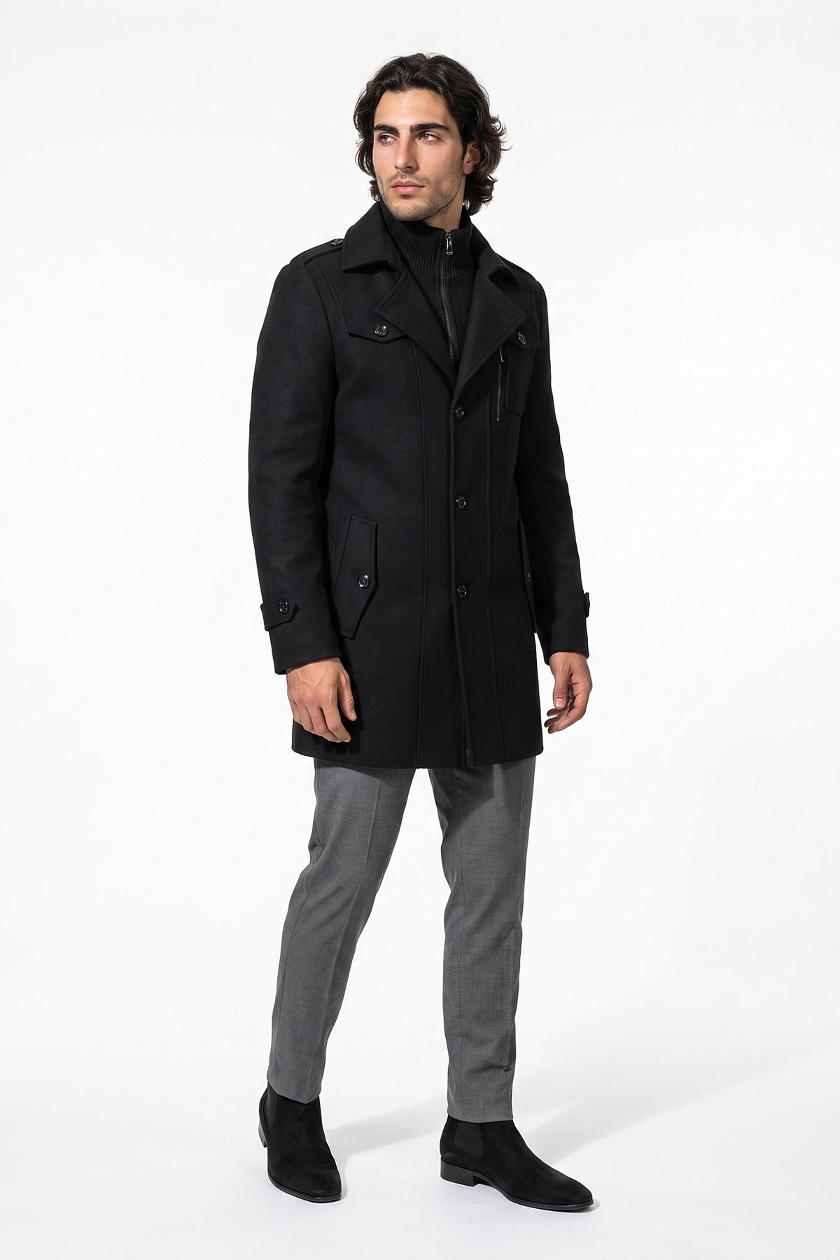 Men’s Winter Warm Mid Length Wool Coat with Layered Zip Front and Stand Collar