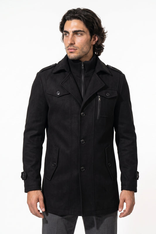Men’s Winter Warm Mid Length Wool Coat with Layered Zip Front and Stand Collar