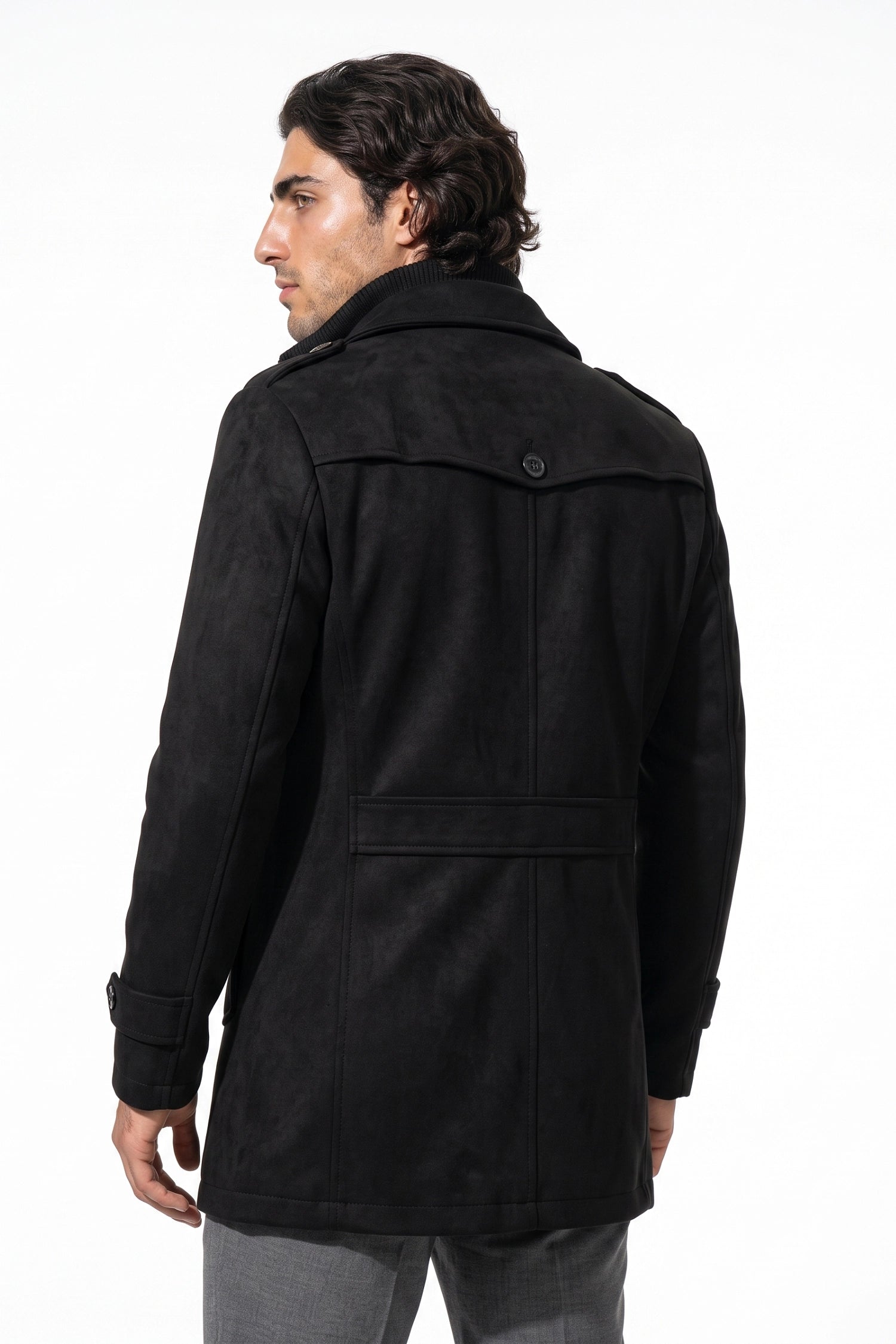 Men’s Winter Warm Mid Length Wool Coat with Layered Zip Front and Stand Collar
