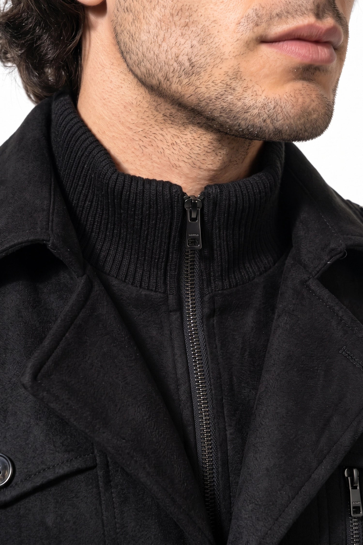 Men’s Winter Warm Mid Length Wool Coat with Layered Zip Front and Stand Collar