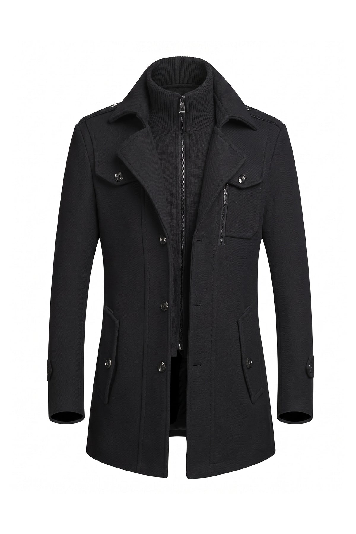 Men’s Winter Warm Mid Length Wool Coat with Layered Zip Front and Stand Collar