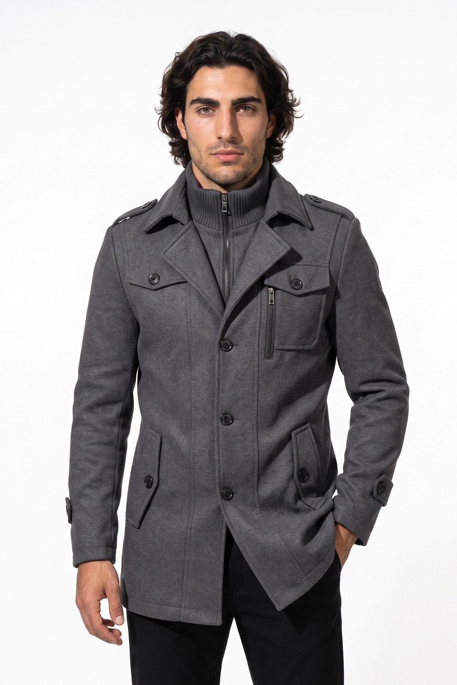 Men’s Winter Warm Mid Length Wool Coat with Layered Zip Front and Stand Collar