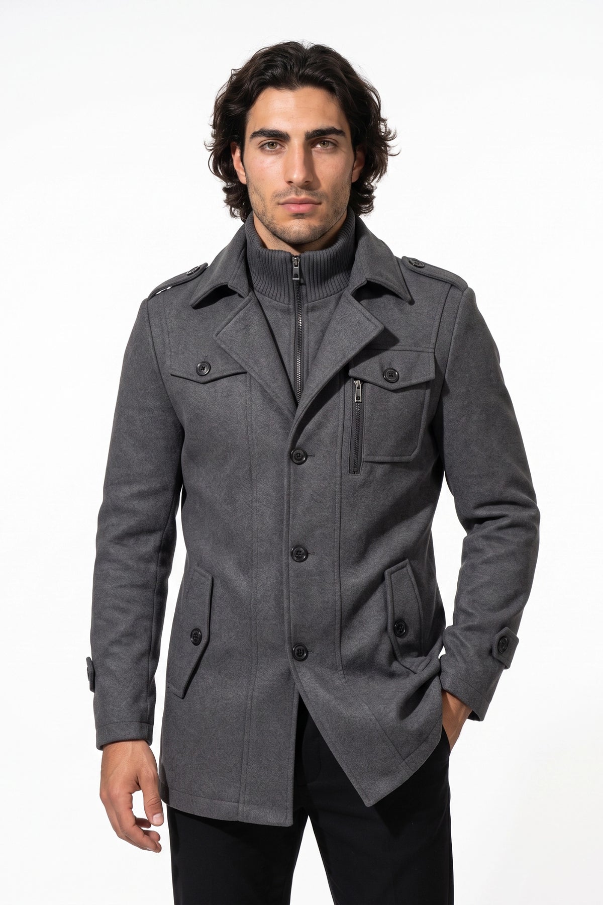 Men’s Winter Warm Mid Length Wool Coat with Layered Zip Front and Stand Collar