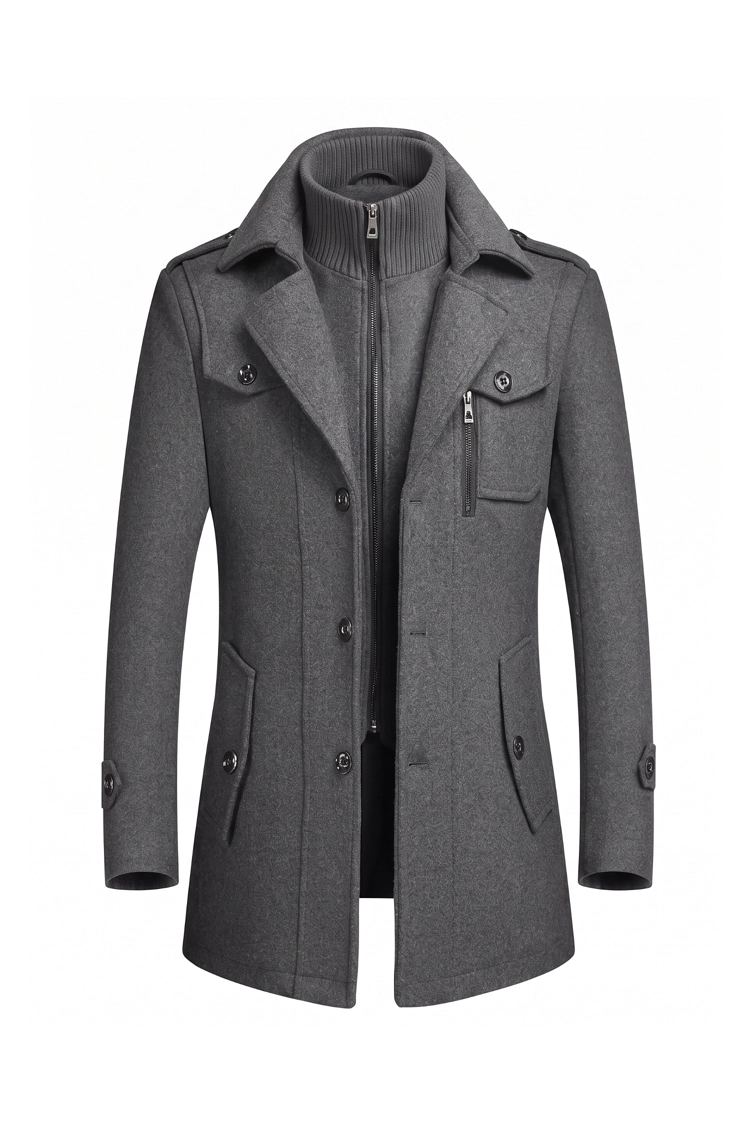 Men’s Winter Warm Mid Length Wool Coat with Layered Zip Front and Stand Collar