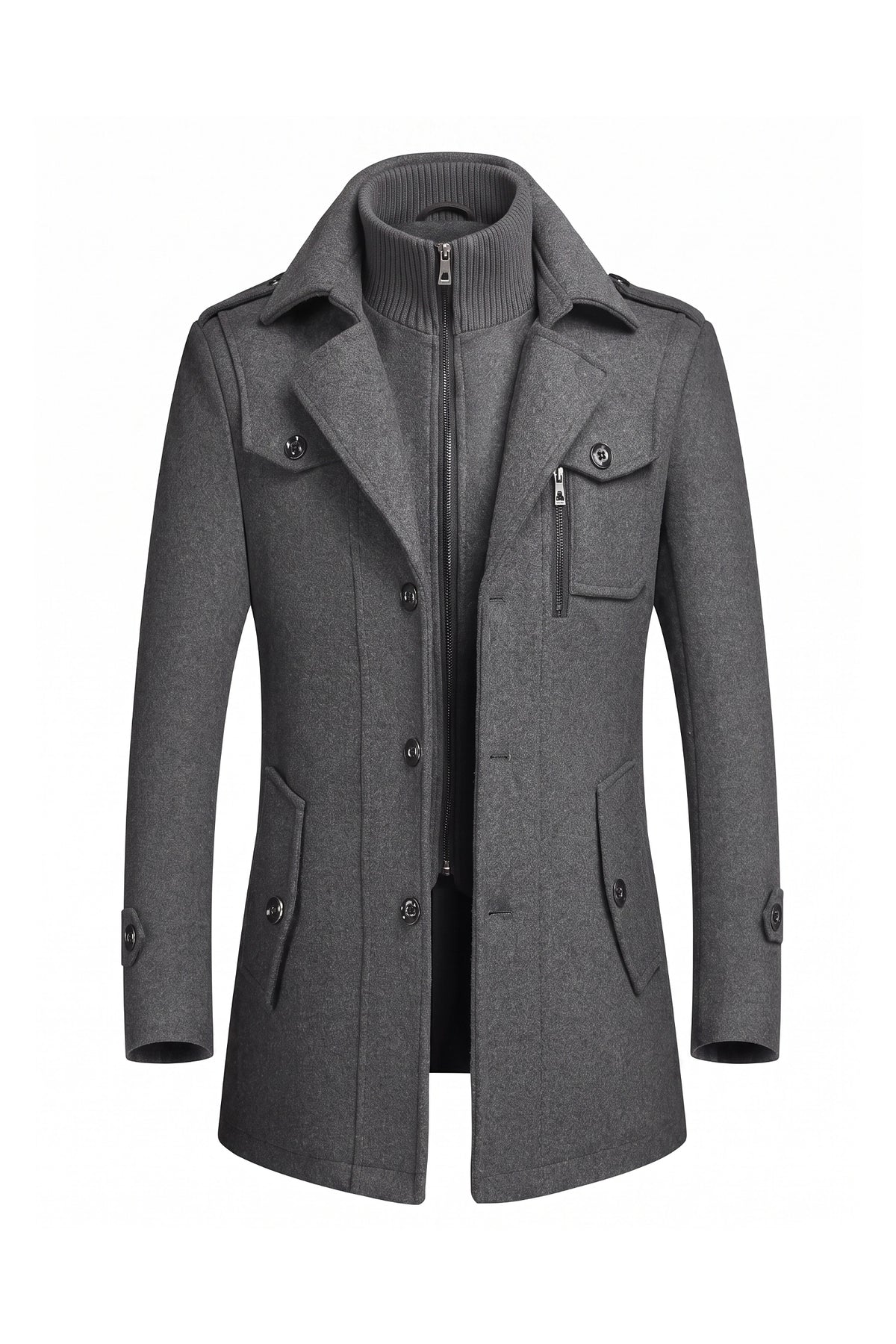 Men’s Winter Warm Mid Length Wool Coat with Layered Zip Front and Stand Collar