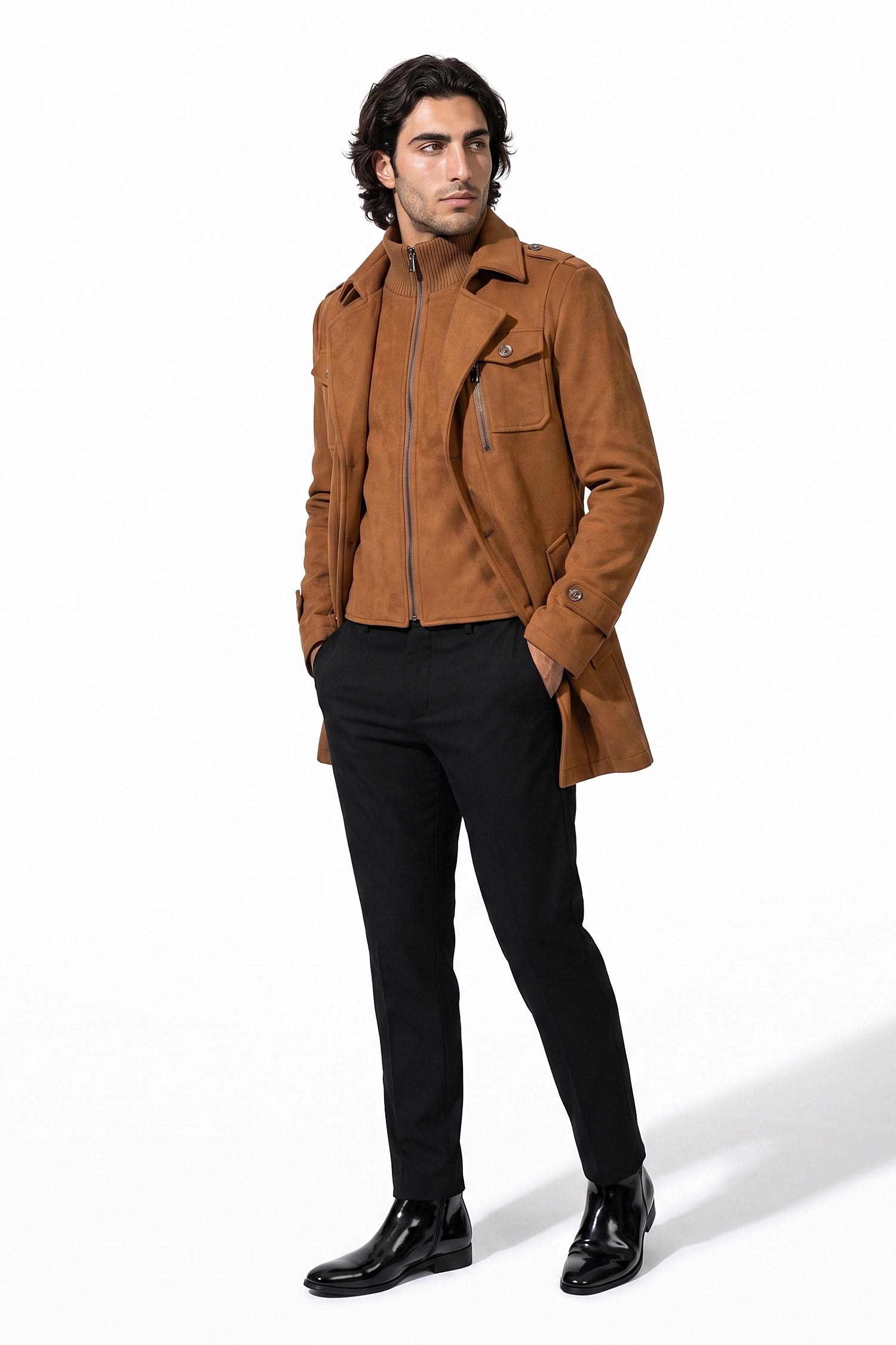 Men’s Winter Warm Mid Length Wool Coat with Layered Zip Front and Stand Collar