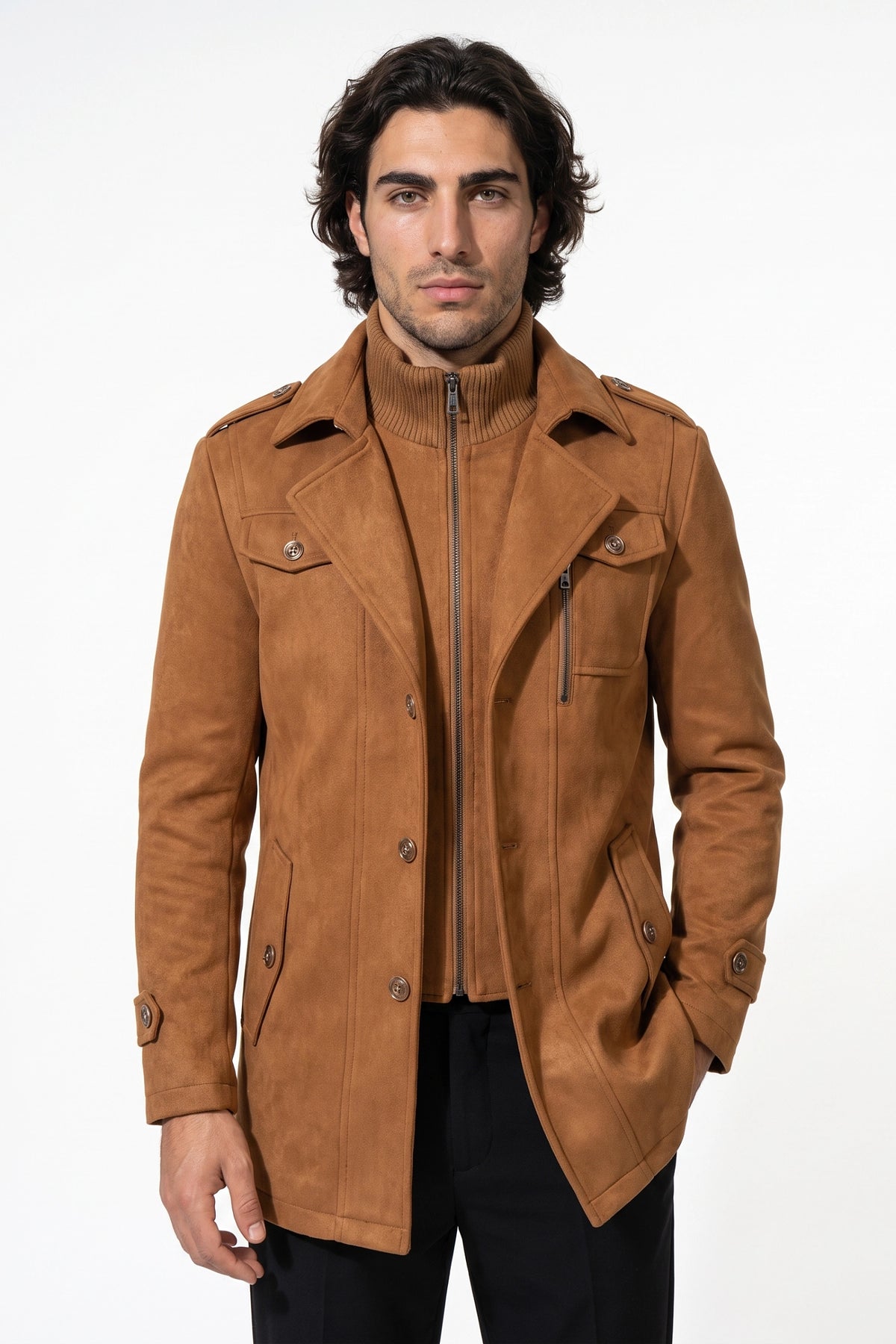 Men’s Winter Warm Mid Length Wool Coat with Layered Zip Front and Stand Collar