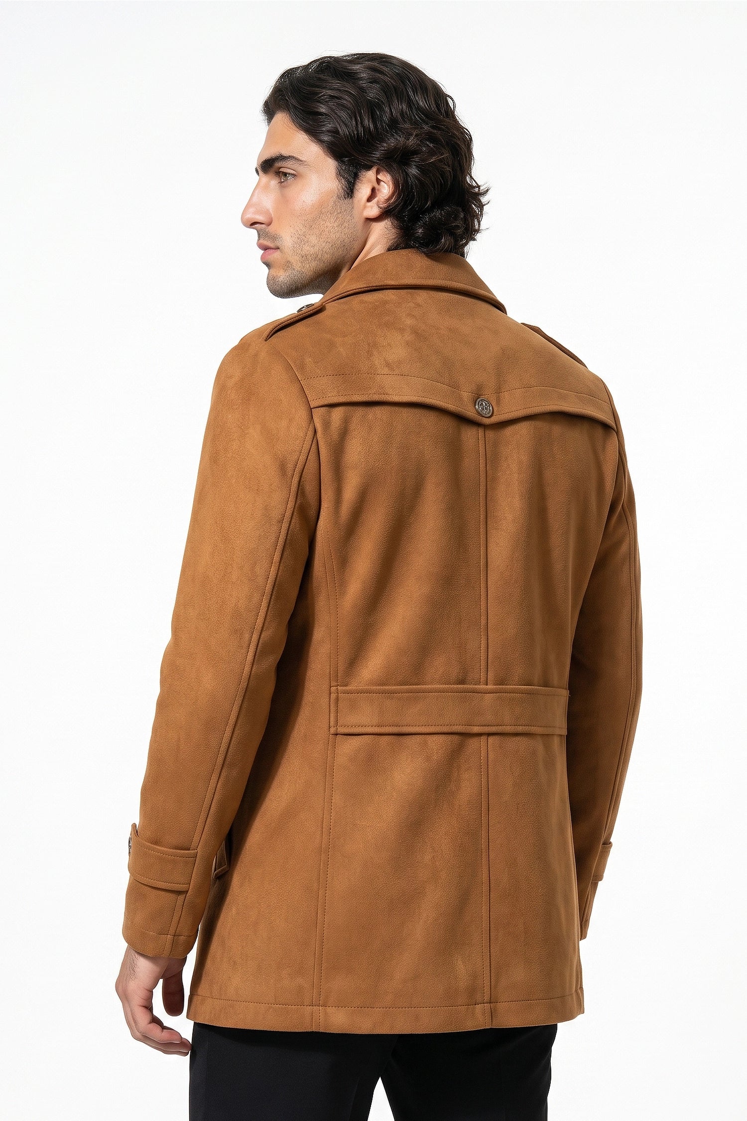 Men’s Winter Warm Mid Length Wool Coat with Layered Zip Front and Stand Collar