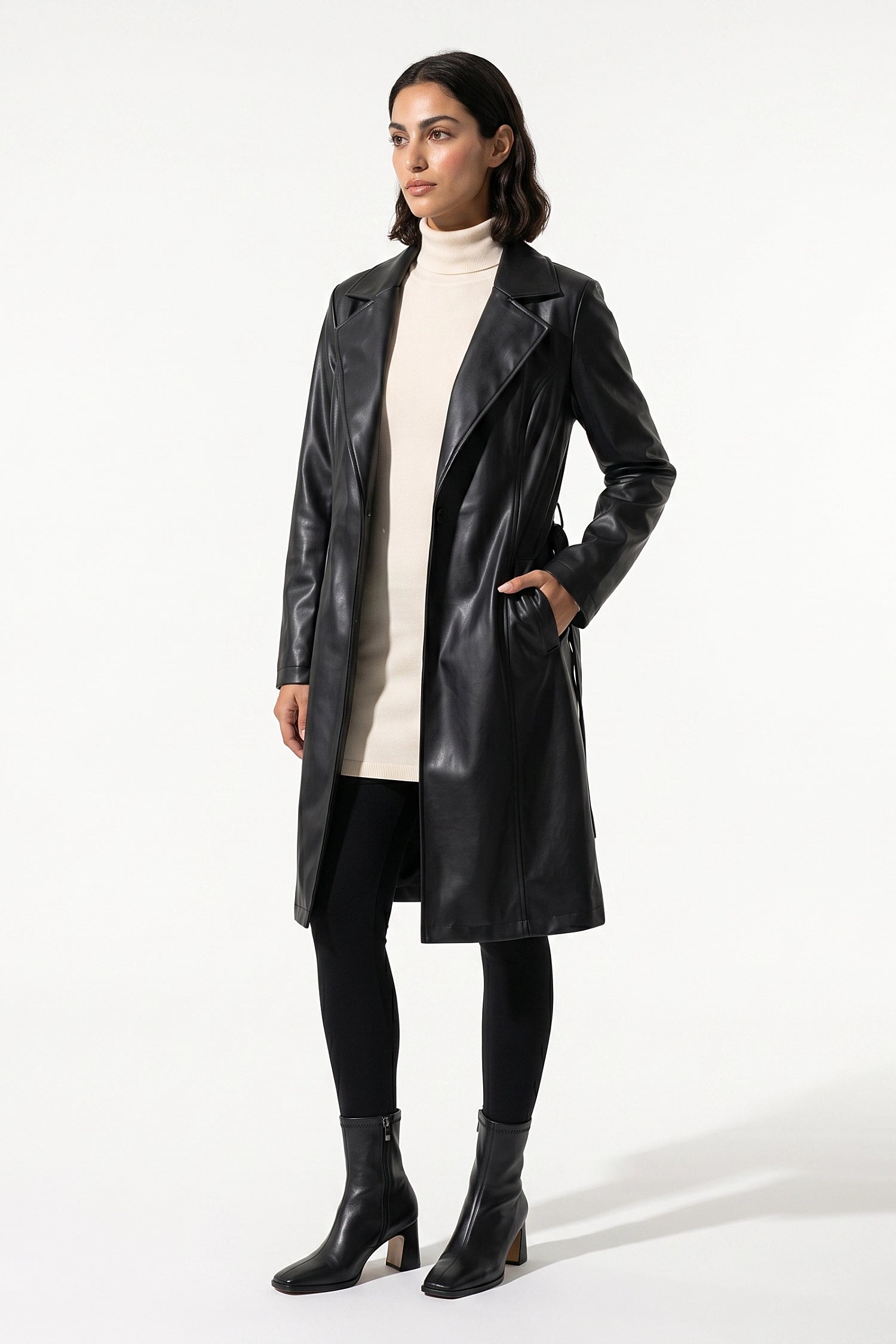 Women’s Winter Warm Leather Coat with Belted Waist