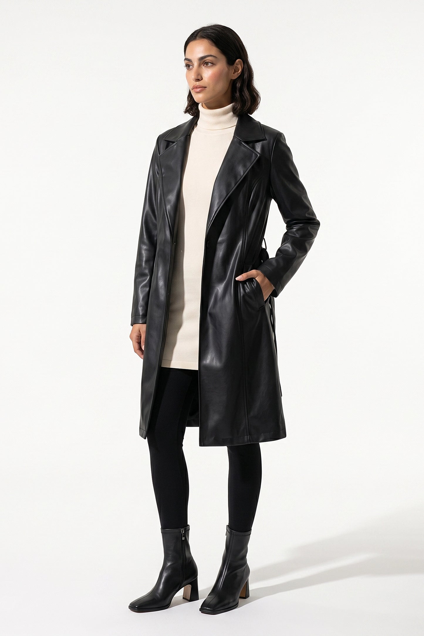 Women’s Winter Warm Leather Coat with Belted Waist