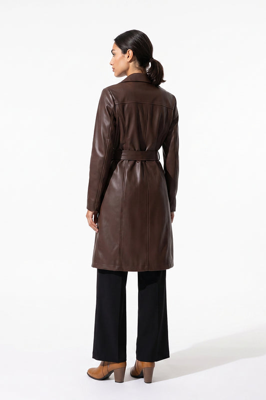 Women’s Winter Warm Leather Coat with Belted Waist