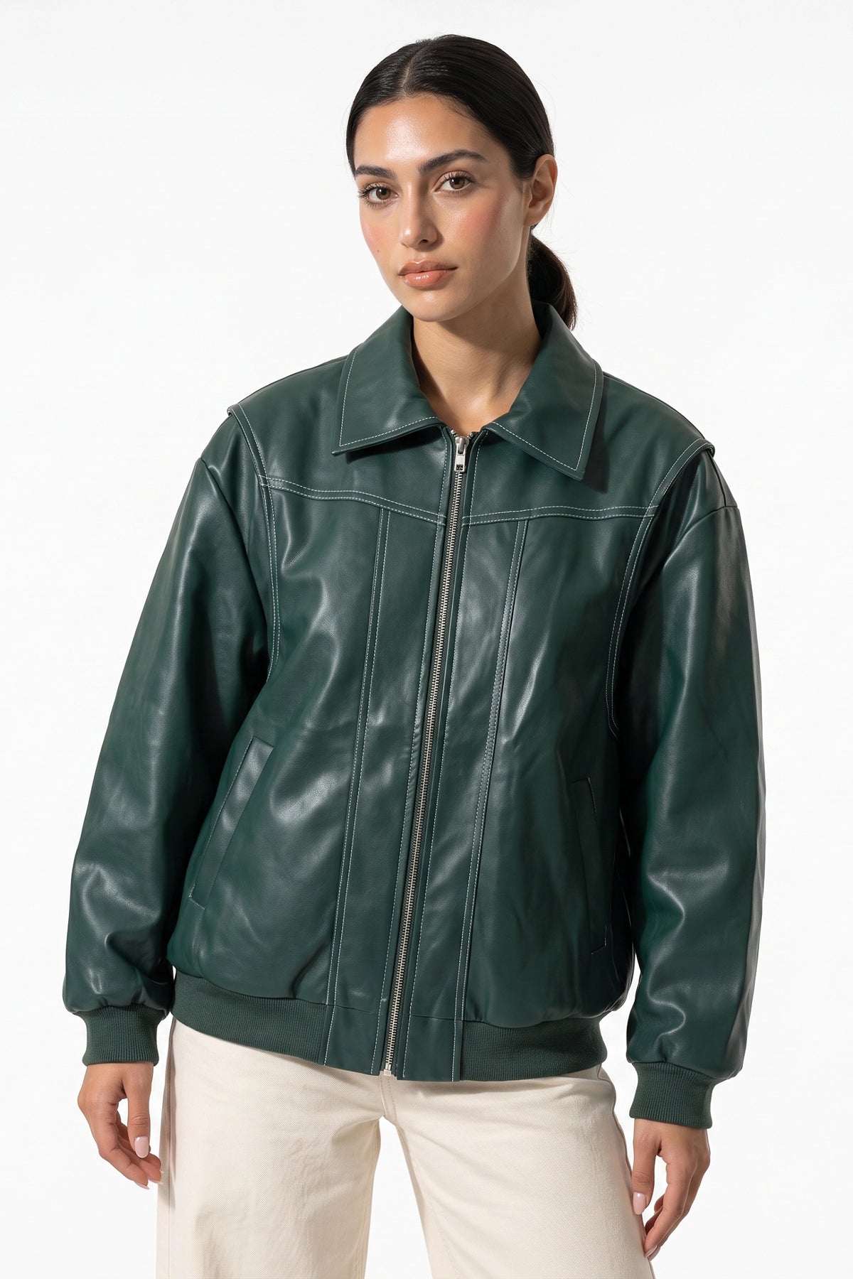 Women’s Winter Versatile Oversized Leather Jacket with Zip Up Front