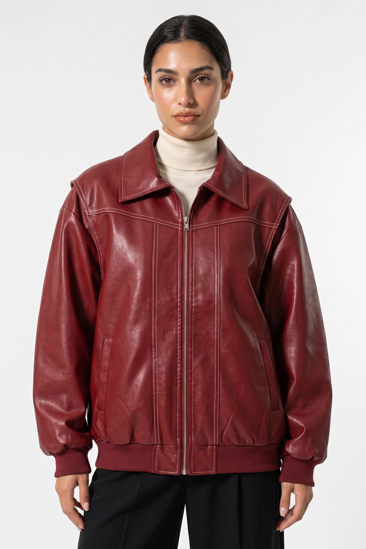 Women’s Winter Versatile Oversized Leather Jacket with Zip Up Front