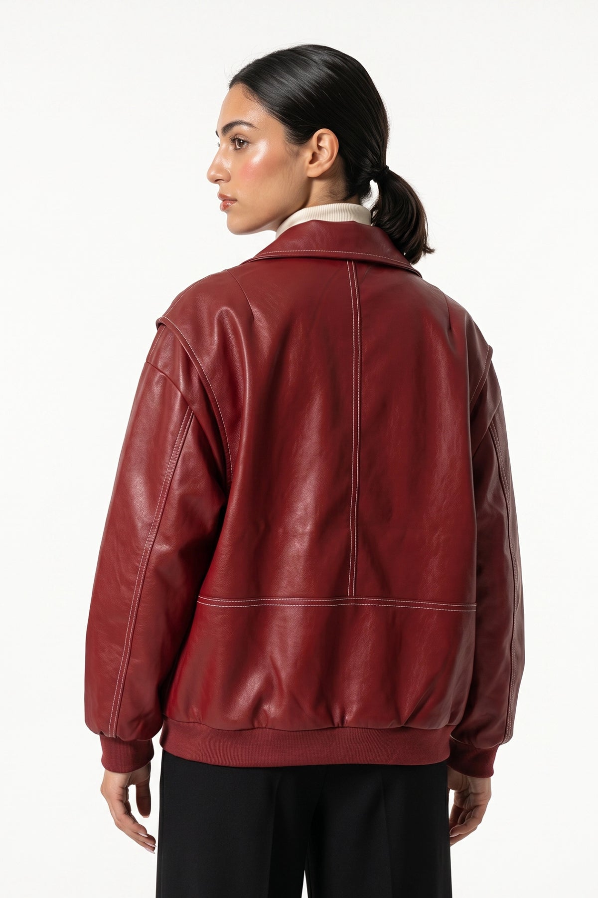 Women’s Winter Versatile Oversized Leather Jacket with Zip Up Front