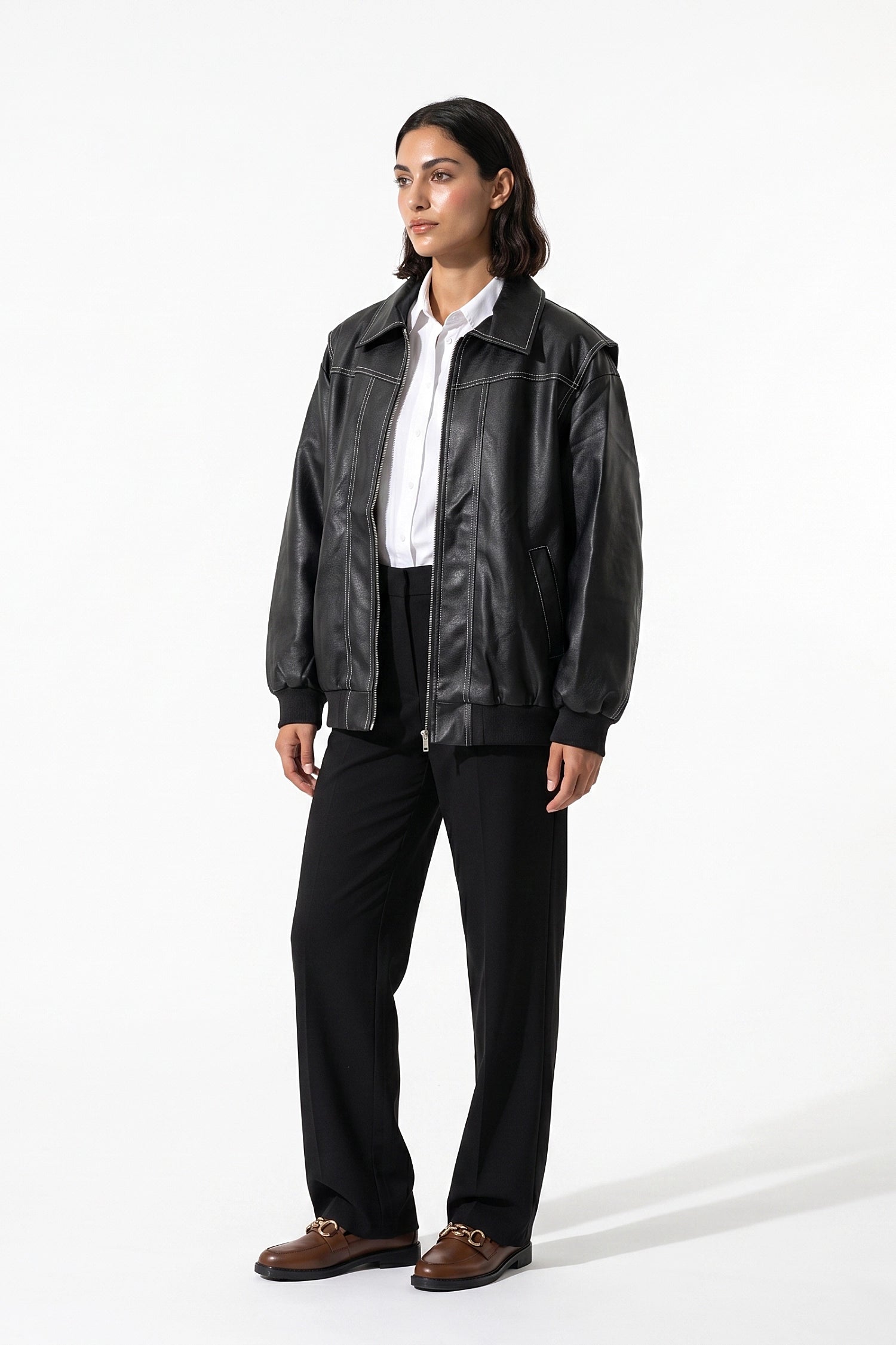 Women’s Winter Versatile Oversized Leather Jacket with Zip Up Front