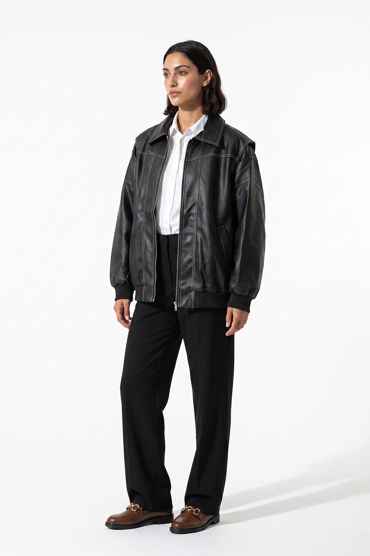 Women’s Winter Versatile Oversized Leather Jacket with Zip Up Front
