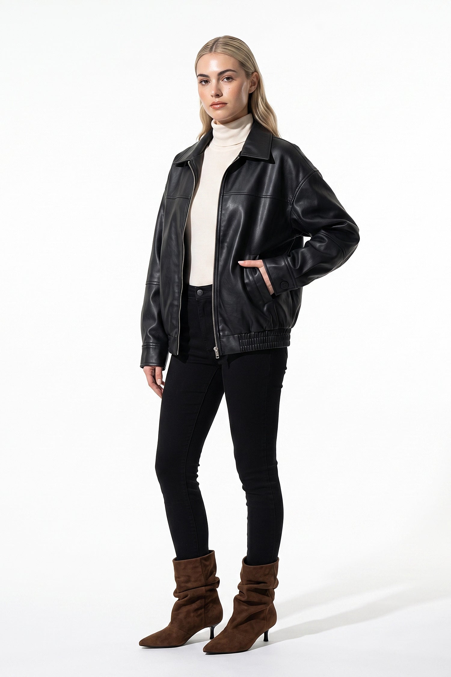 Women’s Winter Versatile Black Oversized Leather Jacket