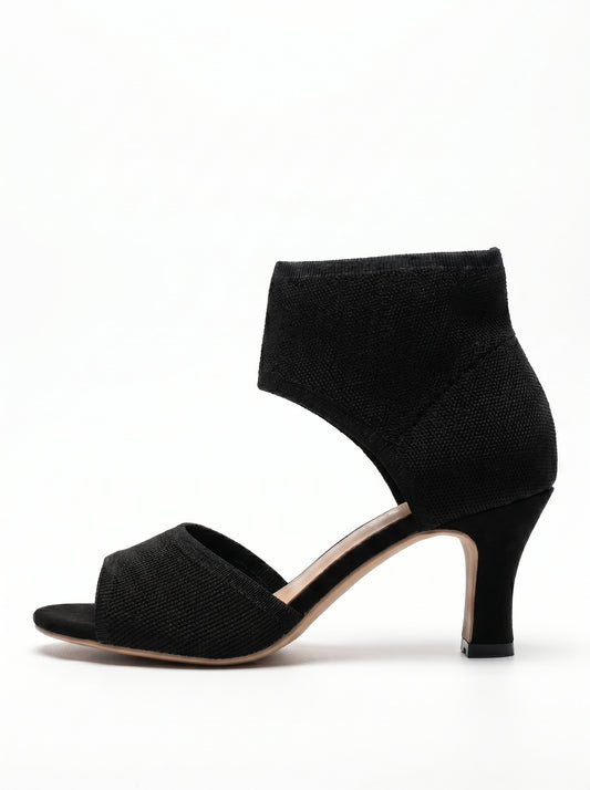Wide Fit Knit Open Toe Slip On Mid Black Heels - Womens Comfort Party Shoes
