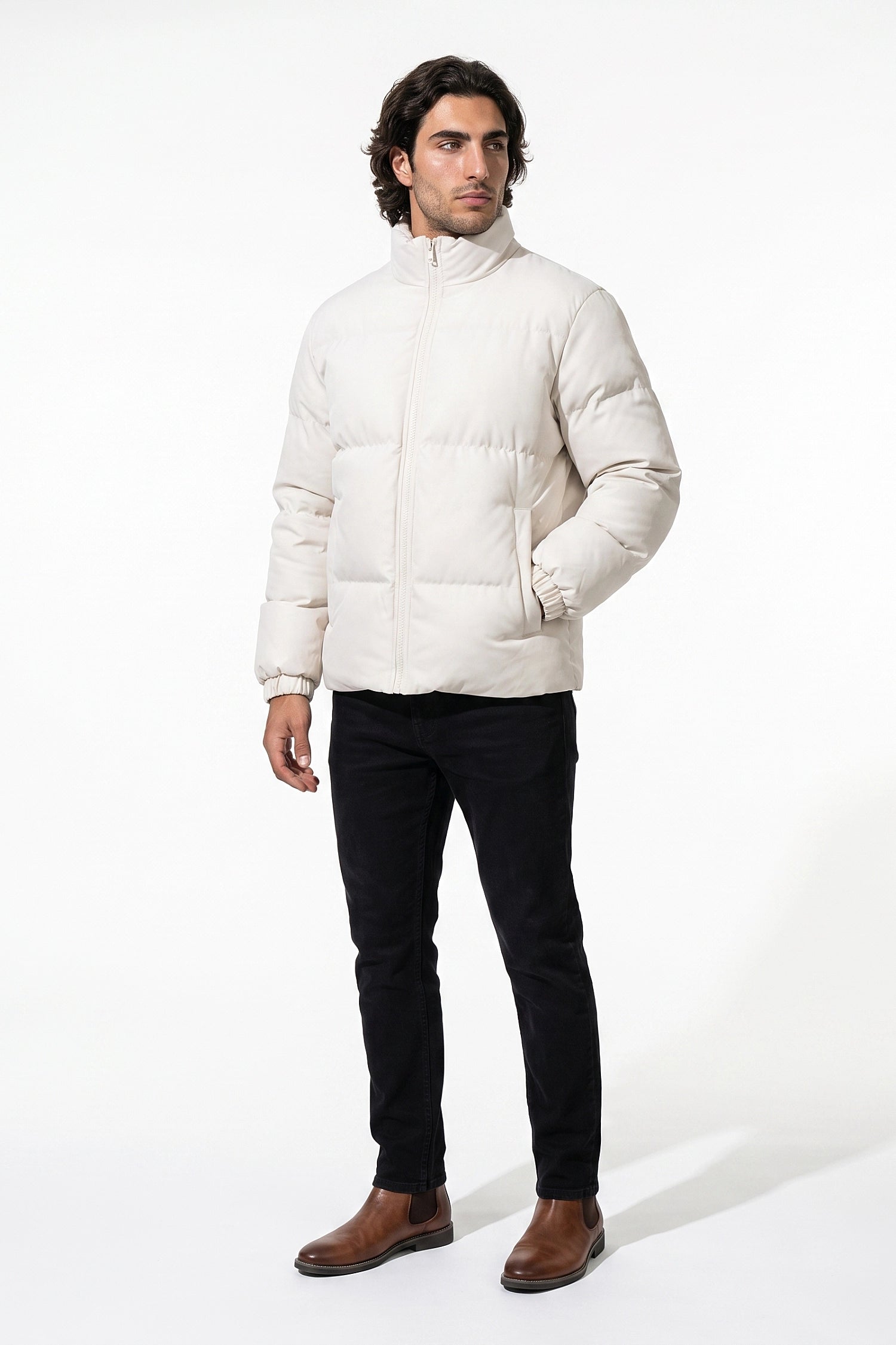 Men's Winter Warm Fleece Lined Puffer Jacket with Stand Collar
