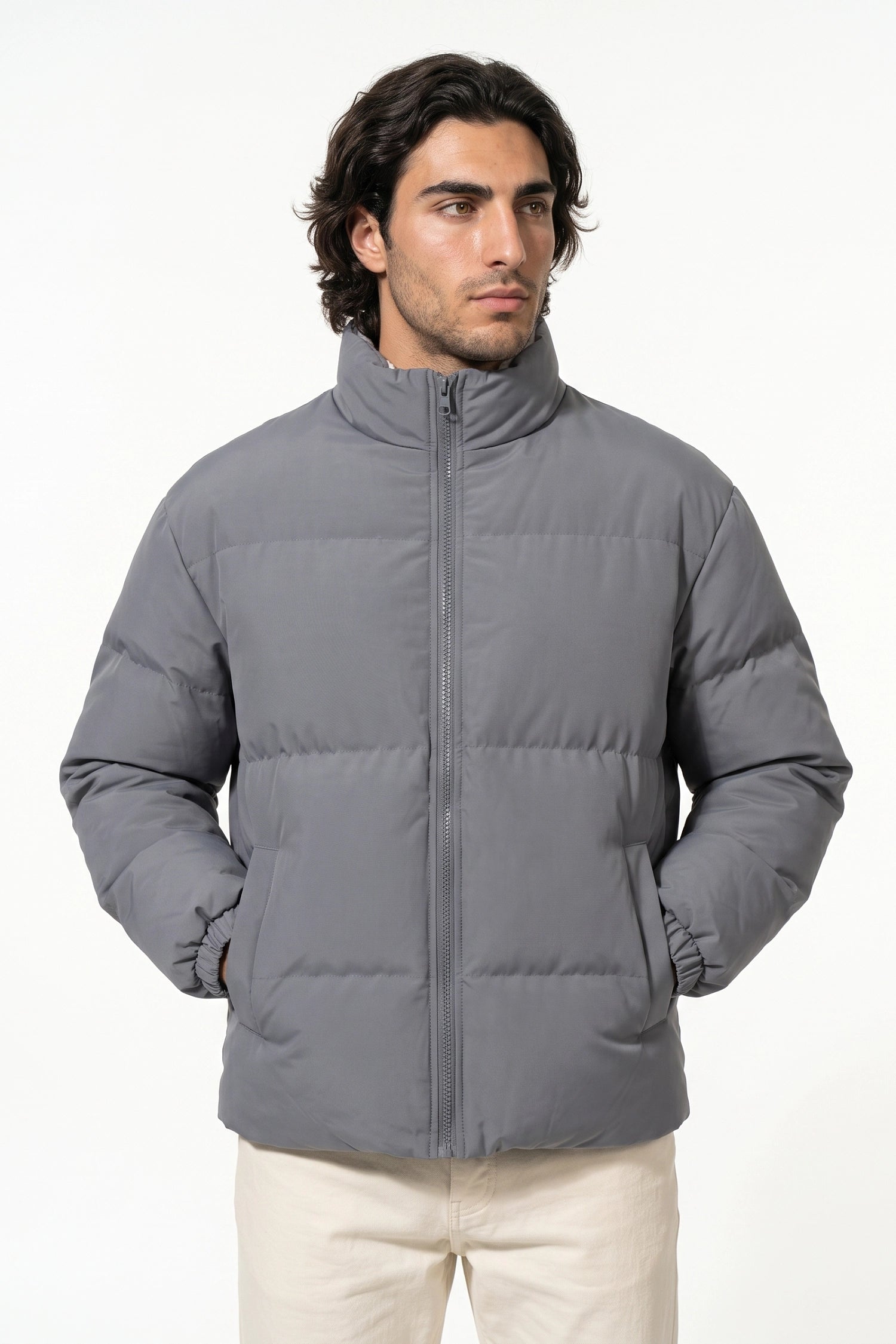 Men's Winter Warm Fleece Lined Puffer Jacket with Stand Collar