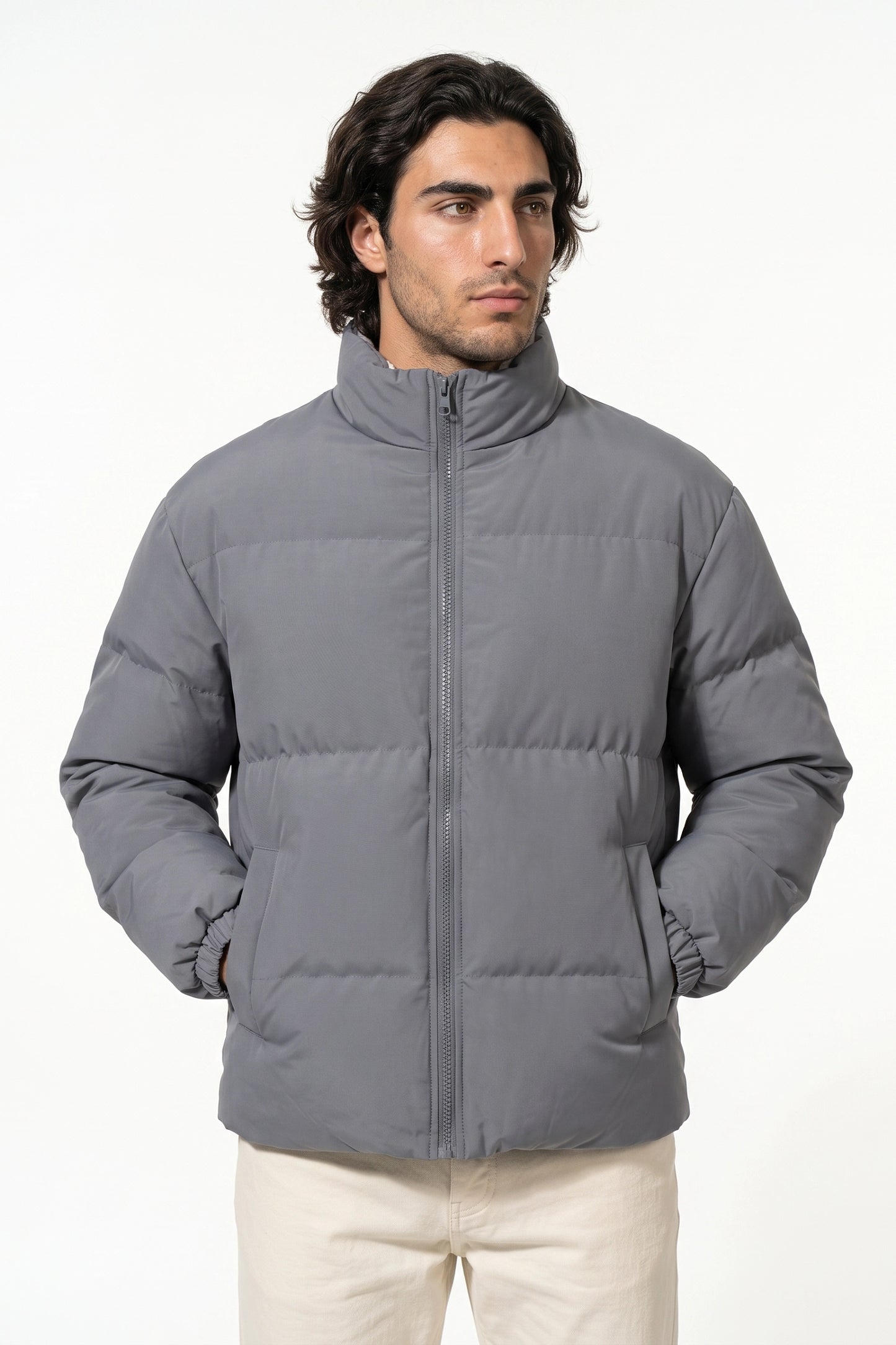 Men's Winter Warm Fleece Lined Puffer Jacket with Stand Collar