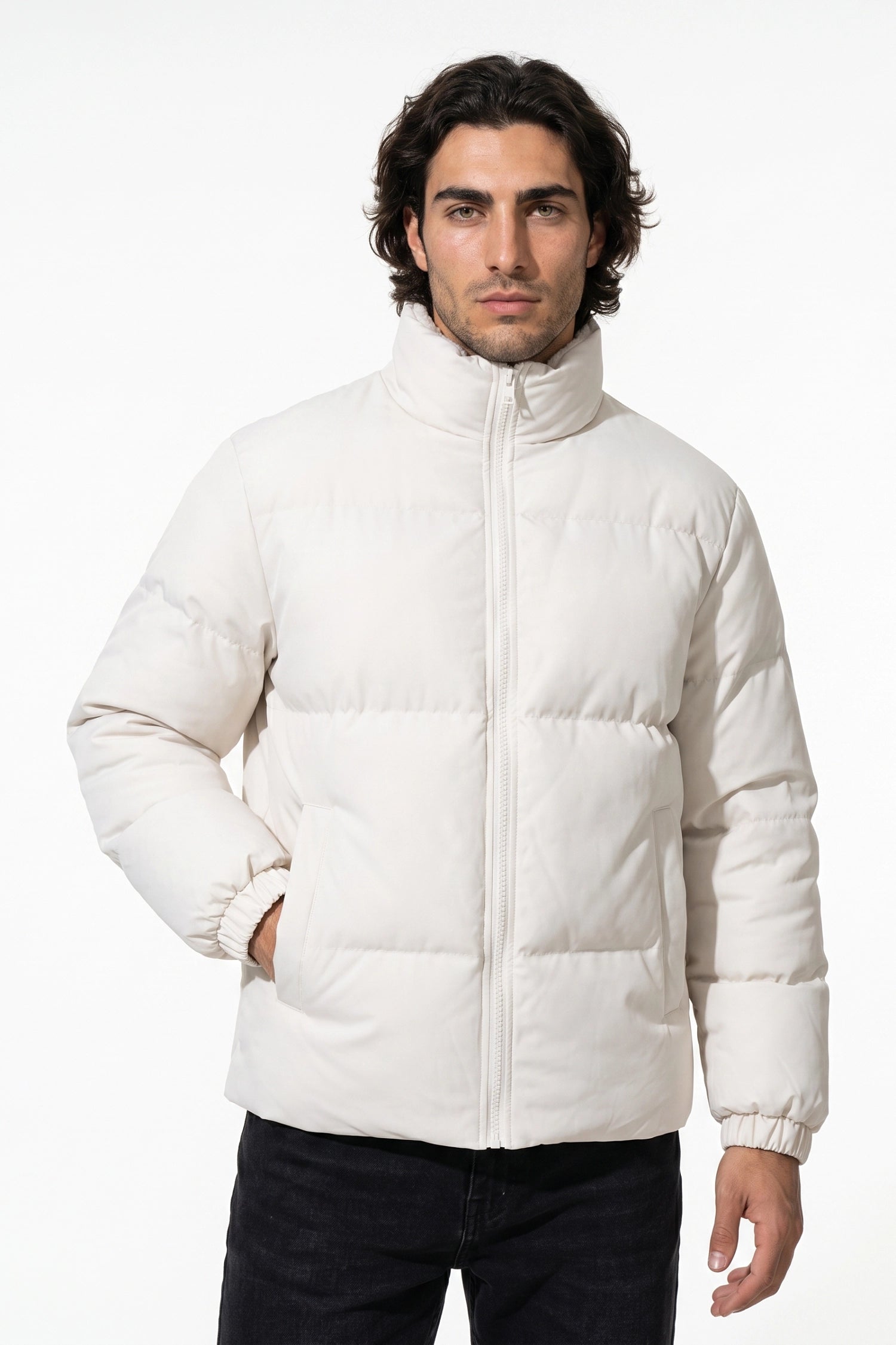 Men's Winter Warm Fleece Lined Puffer Jacket with Stand Collar