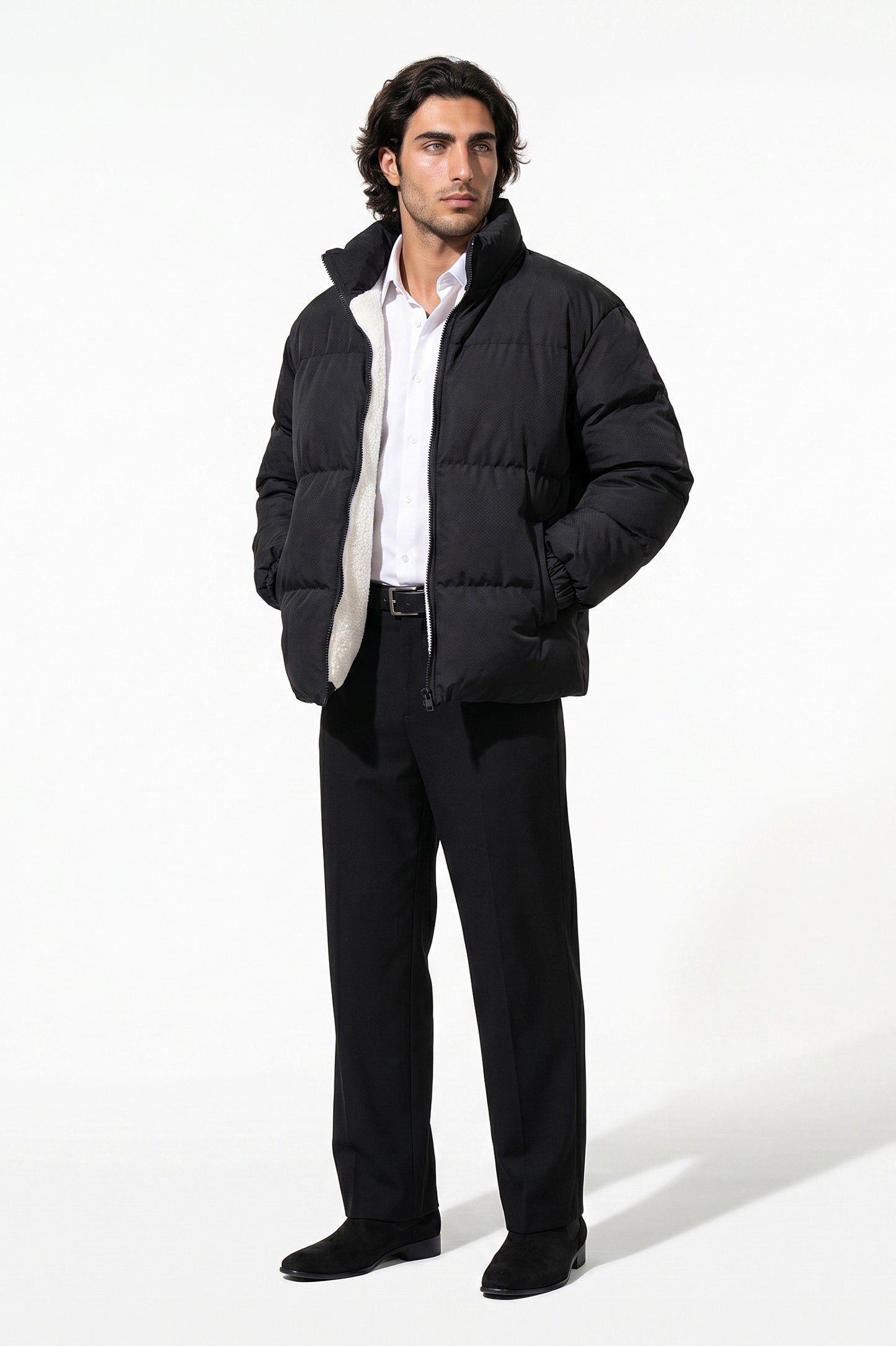 Men's Winter Warm Fleece Lined Puffer Jacket with Stand Collar