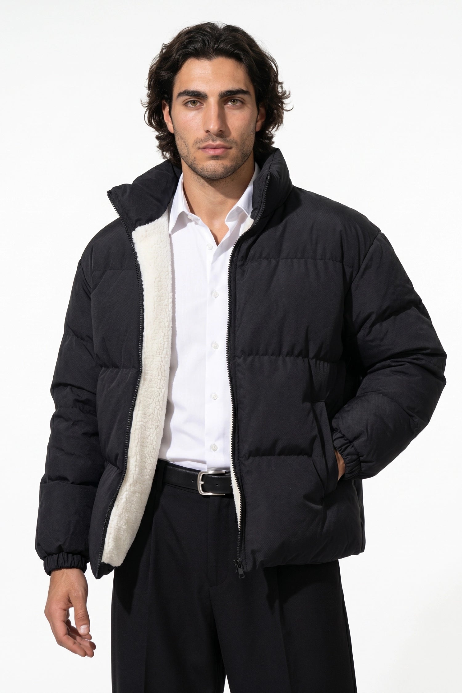 Men's Winter Warm Fleece Lined Puffer Jacket with Stand Collar