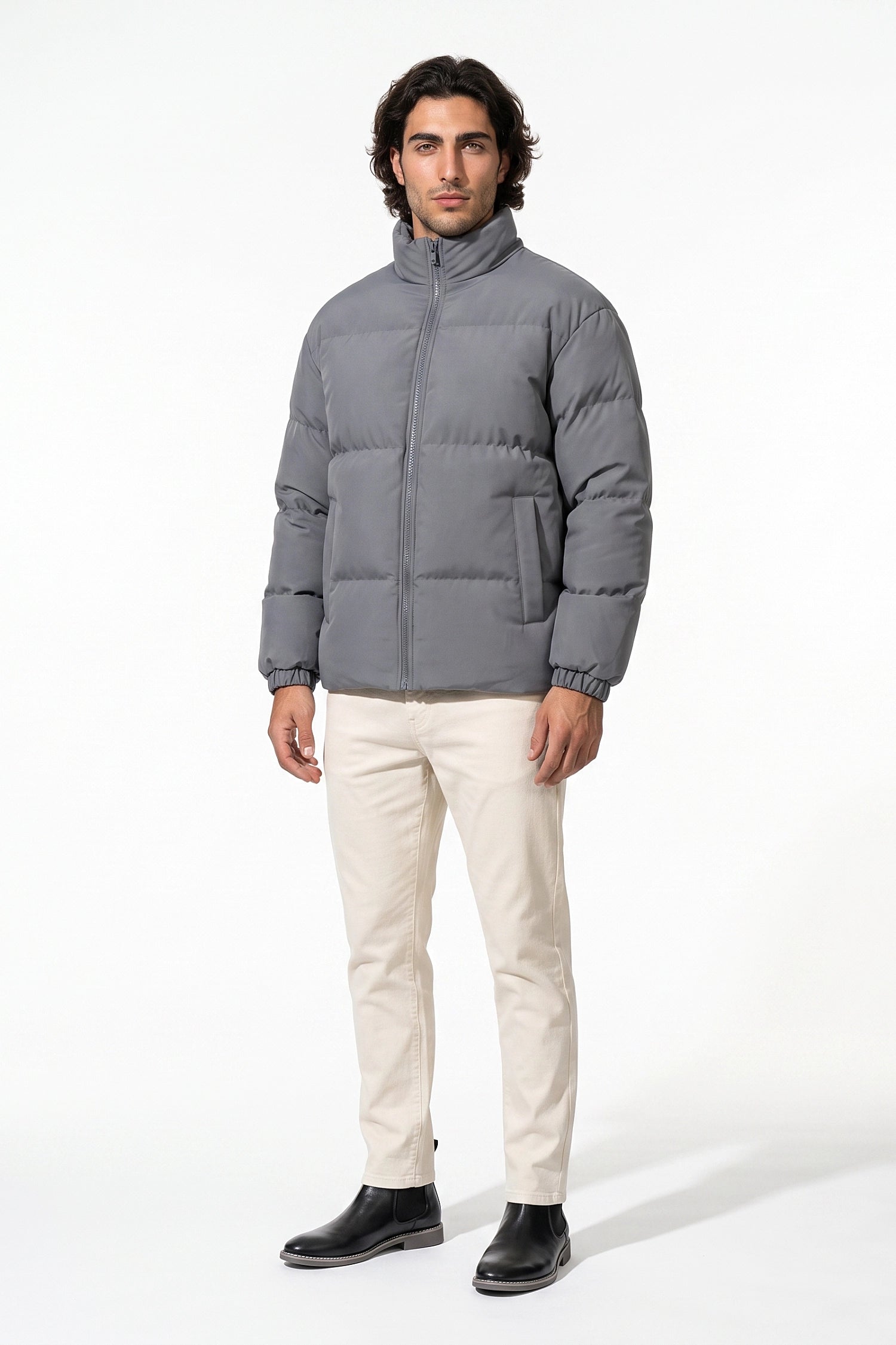 Men's Winter Warm Fleece Lined Puffer Jacket with Stand Collar
