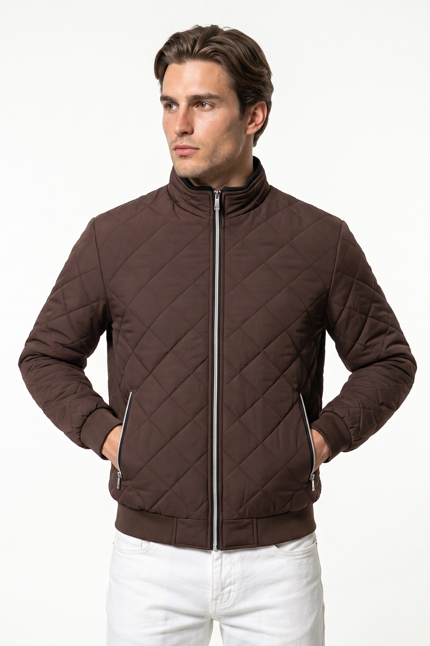 Men's Winter Warm Fleece Lined Quilted Jacket with Stand Collar
