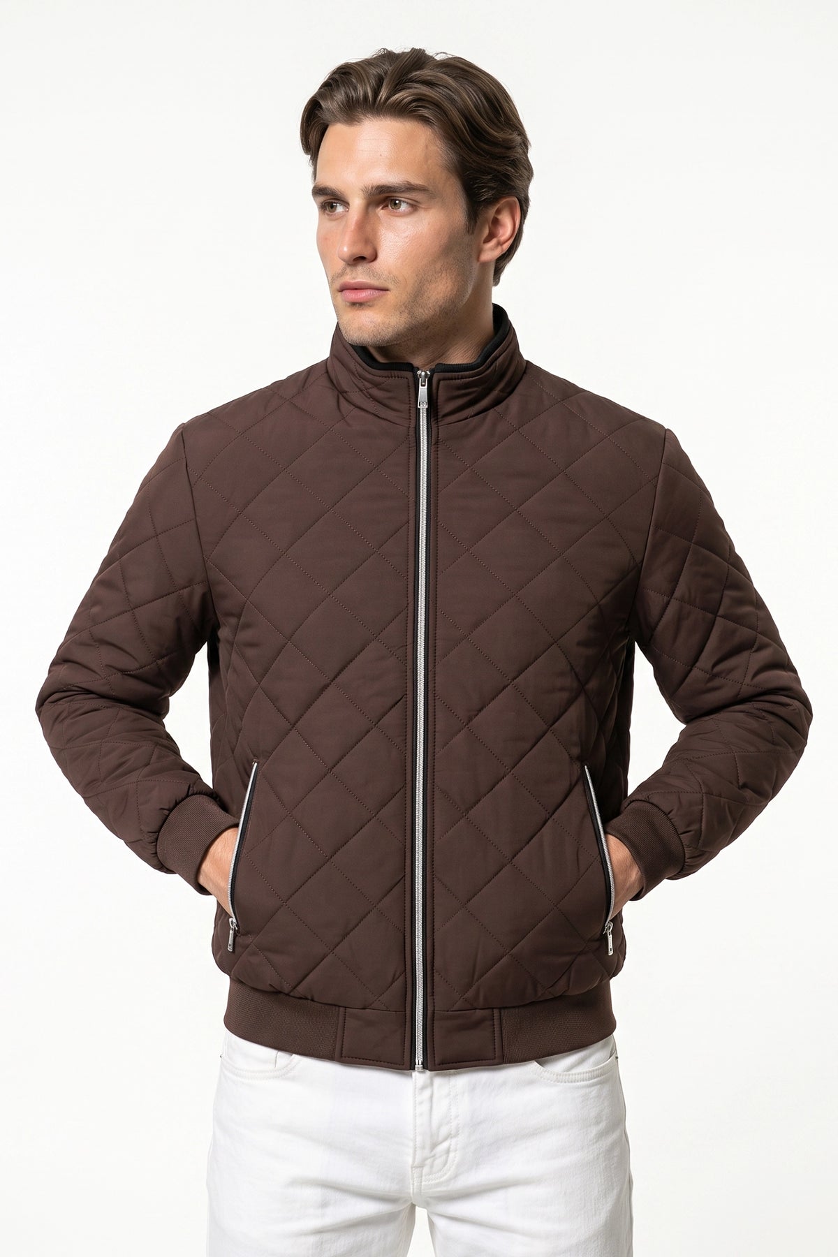 Men's Winter Warm Fleece Lined Quilted Jacket with Stand Collar