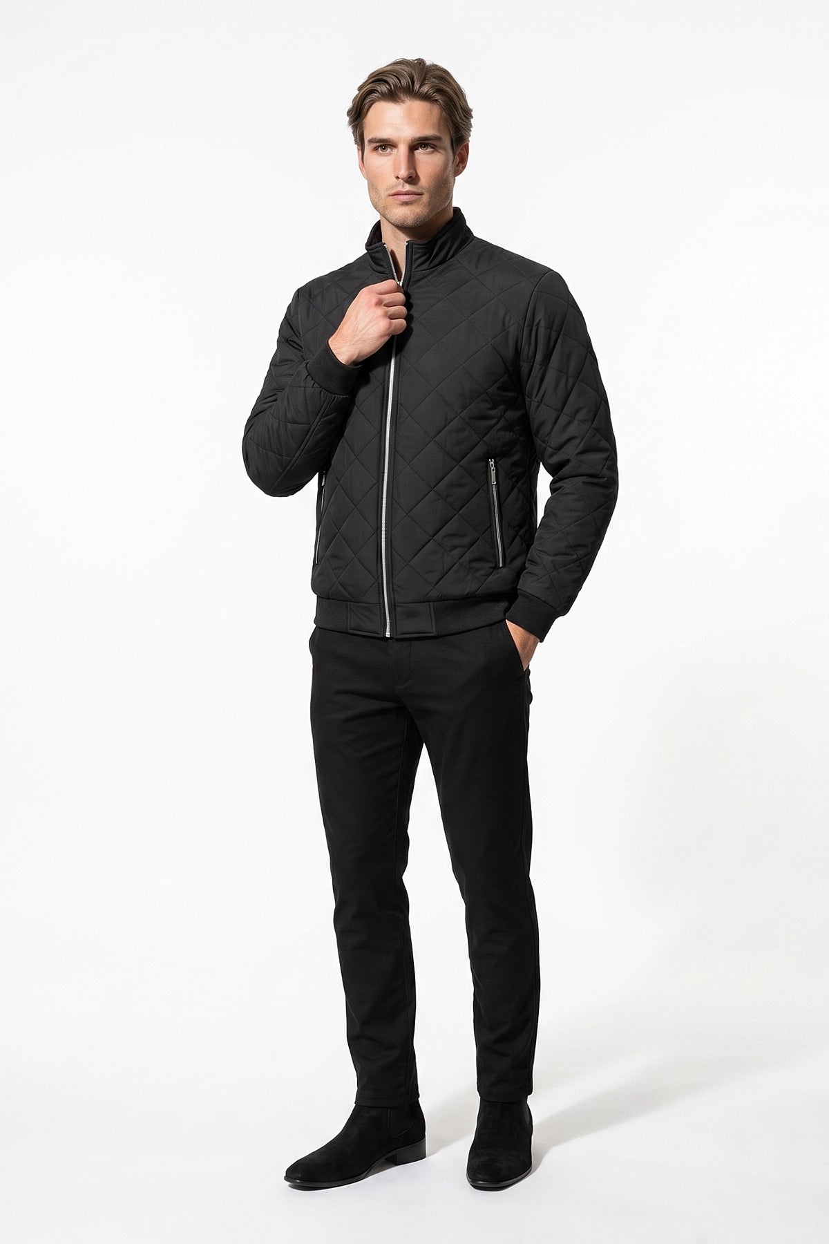 Men's Winter Warm Fleece Lined Quilted Jacket with Stand Collar