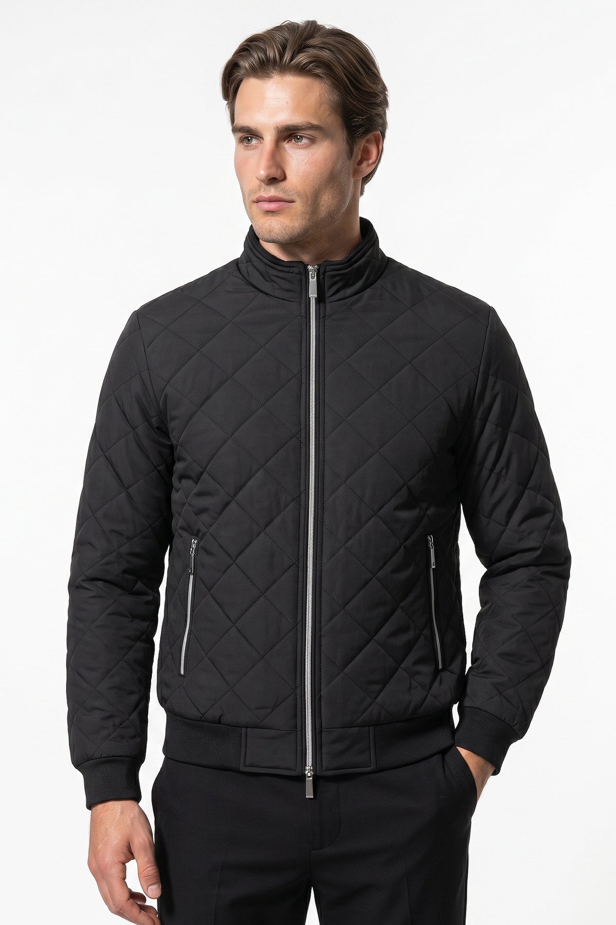 Men's Winter Warm Fleece Lined Quilted Jacket with Stand Collar