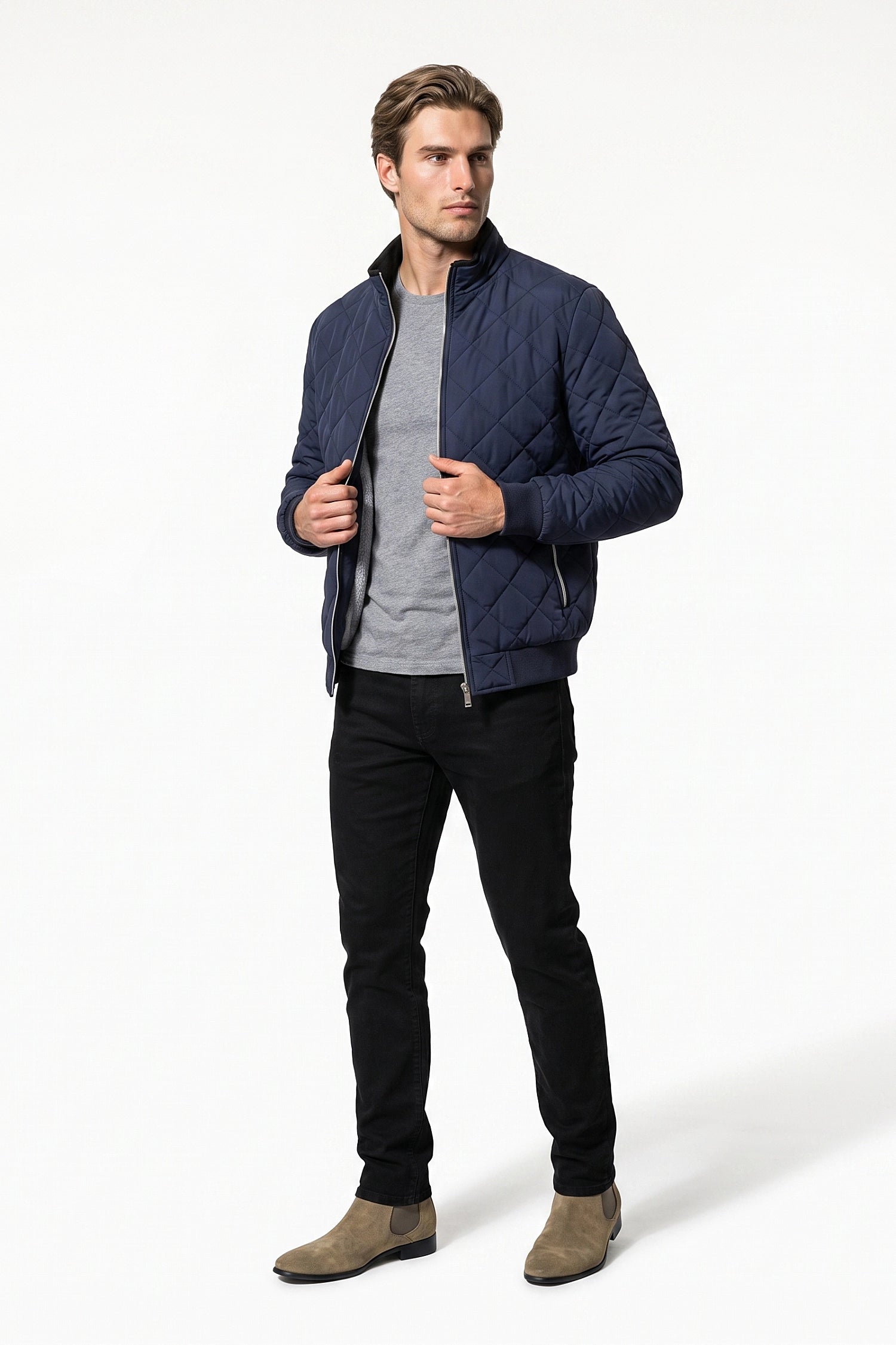 Men's Winter Warm Fleece Lined Quilted Jacket with Stand Collar